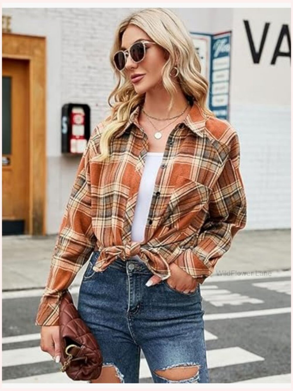 Oversized Flannel Plaid Button Down Shacket Blouse Tops - Picture 2 of 7